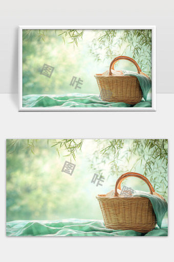 清晨阳光下的静谧柳枝与野餐篮田园风光