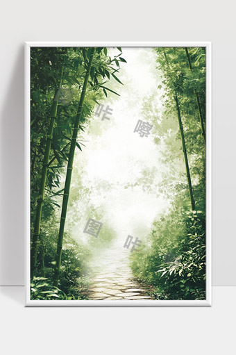 幽静竹林中的石板小径通向光明远方