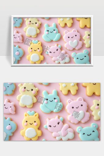 可爱卡通动物造型糖霜饼干甜美粉色背景