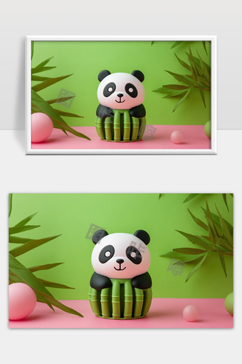 可爱卡通熊猫玩偶与竹子绿色背景摆设装饰