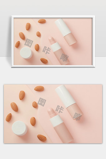 淡雅粉色背景下的天然杏仁和纯净护肤品展示