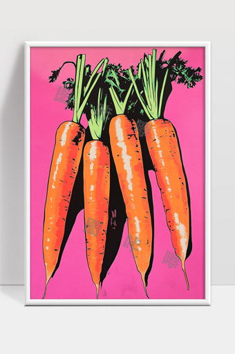 四根鲜艳橙色胡萝卜绿色叶子粉色背景创意画