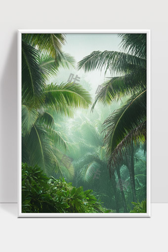 热带雨林中的湿润绿色椰子树林景色