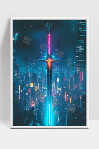 未来都市夜景中光辉璀璨的赛博格骑士之剑