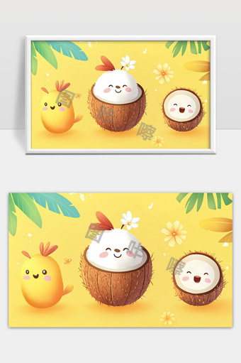 可爱卡通椰子小鸡阳光夏日欢乐场景