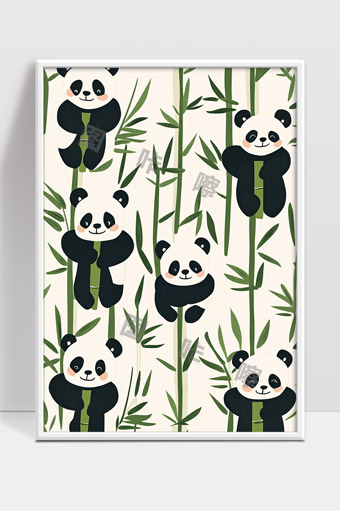 可爱卡通熊猫与竹林背景童趣图案设计