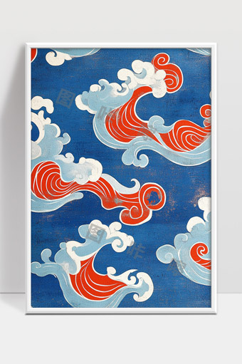 中国传统云纹图案色彩鲜明海浪祥云背景设计