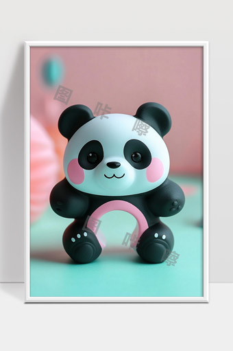 可爱粉色背景下的卡通熊猫玩具模型