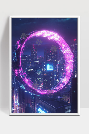 未来城市中巨型科技光环悬浮夜景展现