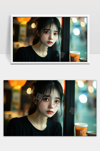 夜色下温柔眼神的都市女性静静凝望窗外