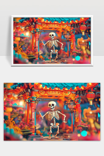 色彩斑斓的传统建筑中欢快跳舞的骷髅动画形象