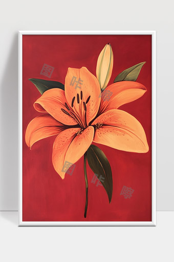 橙色百合花朵美丽绽放背景红色艺术装饰画