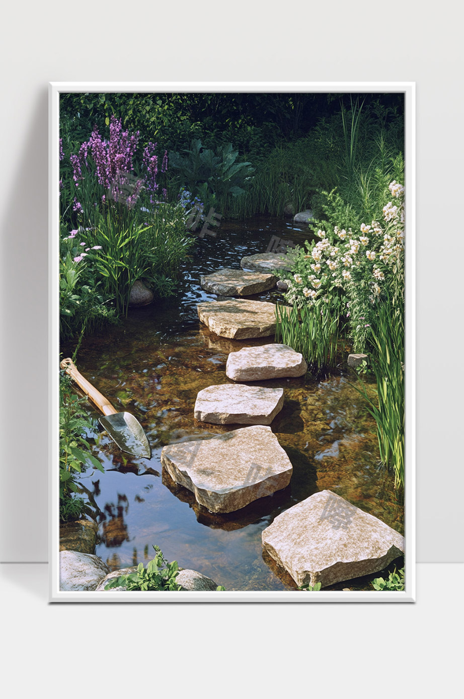 幽静花园中的溪流踏石小径景观