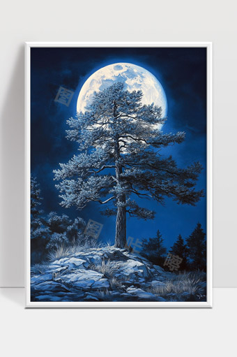 月光下苍劲松树傲立岩石上的静谧夜景描绘