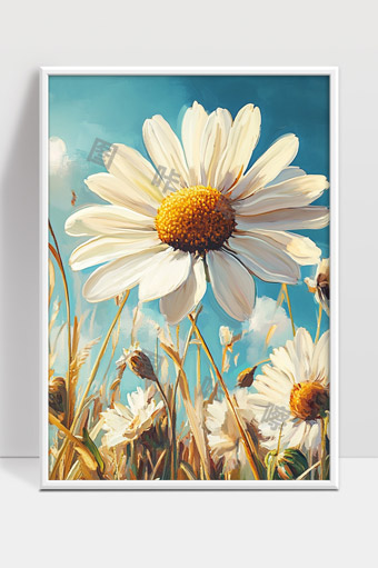 盛开在阳光下的美丽雏菊花朵与蓝天白云背景