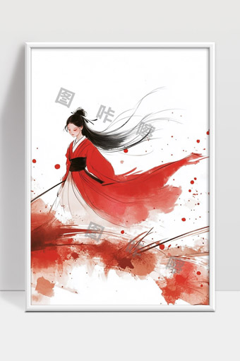 飘逸长发红衣侠女风中舞动意境唯美国风画