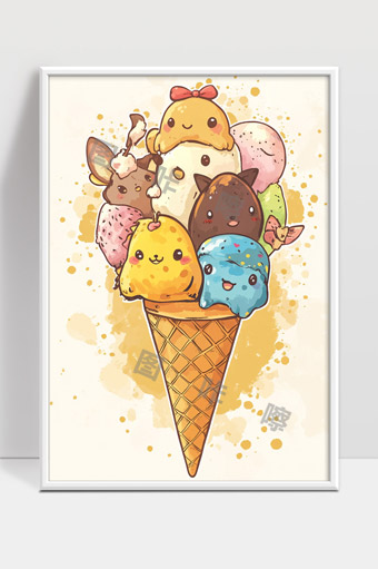 可爱卡通动物冰淇淋甜筒多彩插画萌趣风格