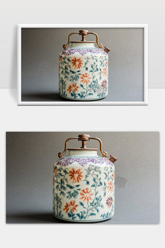 手绘花卉图案陶瓷茶壶复古艺术收藏品展示