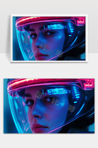 未来科技感女性戴智能头盔特写肖像