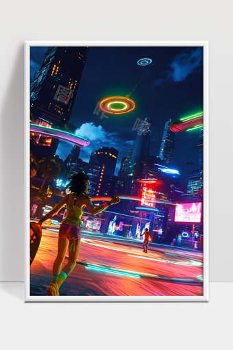 未来城市夜晚霓虹灯光下的赛博朋克场景