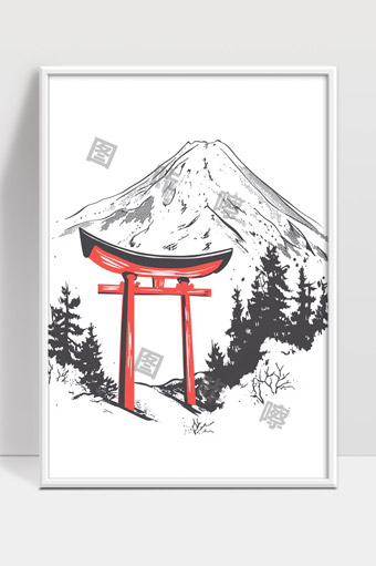 日本富士山与鸟居景观黑白简笔画