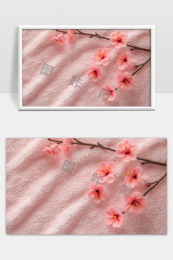 粉色毛巾背景上的粉红色桃花枝春天花卉美丽自然