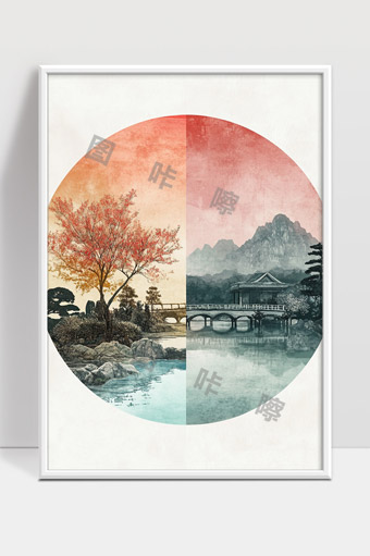 水墨山水中秋景色古风园林风光画