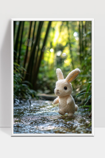 竹林溪水中可爱毛绒玩具兔子悠闲漫步