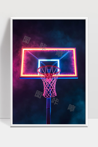霓虹灯光下的篮球架夜晚运动氛围图
