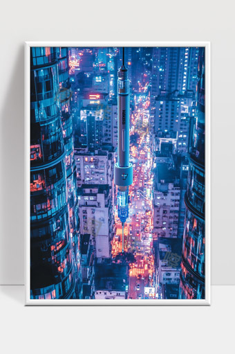 未来都市中的科技感巨型注射器艺术装置夜景