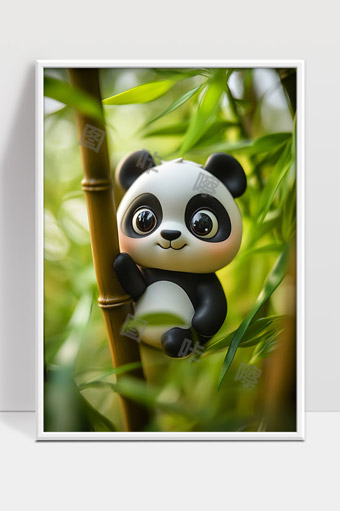 卡通可爱大眼睛熊猫玩偶抱竹子场景