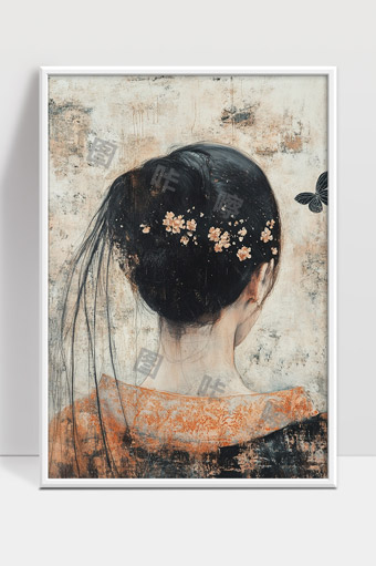 古风女子背影蕴含淡雅花意与蝶影之美