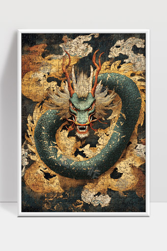 中国传统神话龙形象盘旋祥云背景神秘威严