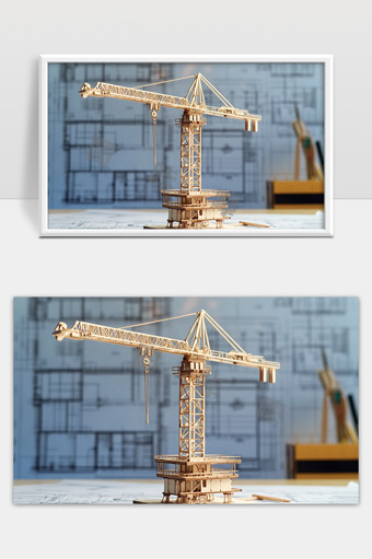 木质塔式起重机模型与建筑设计蓝图展示