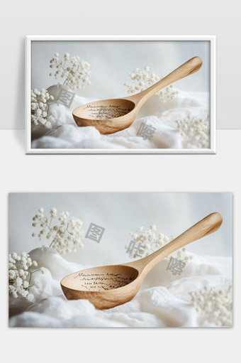 手工雕刻木勺与干花自然清新唯美静物图