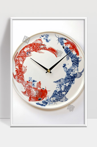 红蓝鲤鱼主题陶瓷时钟现代简约设计