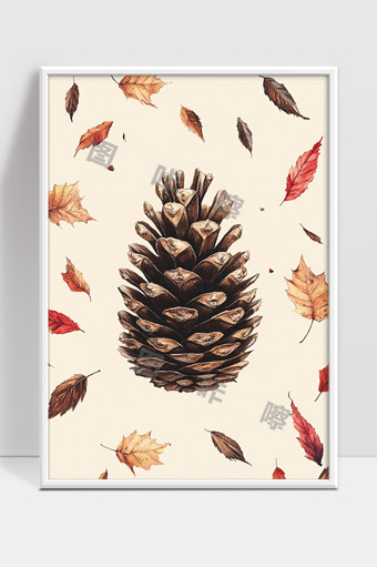 秋天松果和飘落枫叶自然静物插画