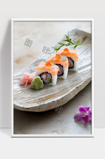 精致三件套三文鱼寿司配芥末姜片美味诱人