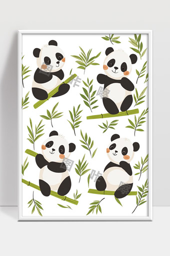 可爱卡通熊猫抱竹子和竹叶快乐成长图