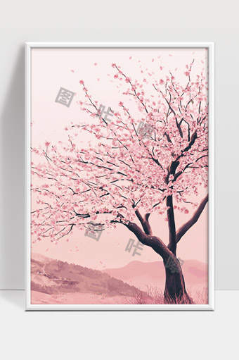 春天盛开的樱花树下山峦绵延风景如画