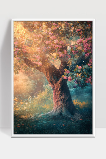 阳光洒落下的梦幻花树和宁静花园景色