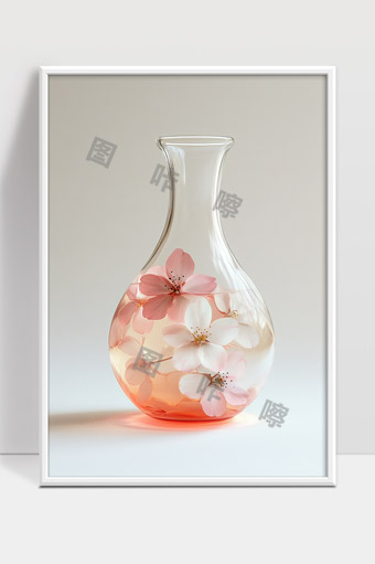 玻璃瓶中透明水蕴含粉白樱花艺术之美