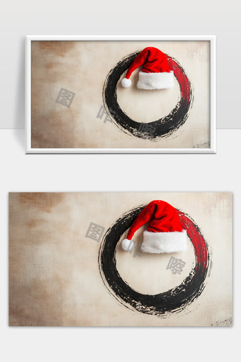 红色圣诞帽与黑色圆圈融合的节日创意设计