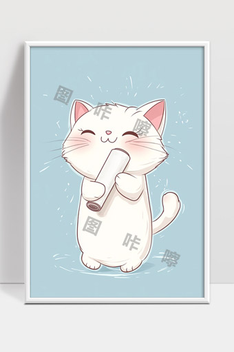 幸福快乐的小白猫抱着卷纸温馨可爱卡通形象