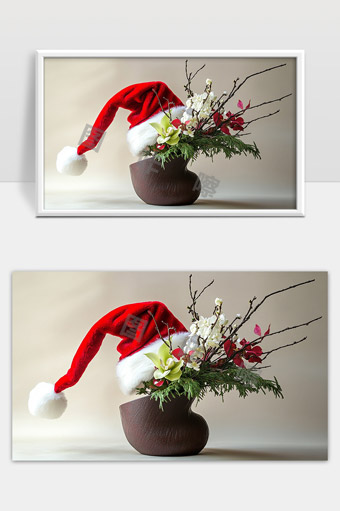 圣诞节红色圣诞帽与花艺盆栽美丽组合