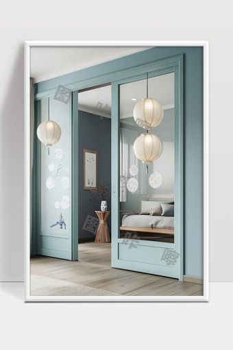 现代简约风格蓝色推拉玻璃门卧室装修设计