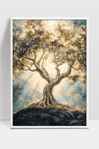 光辉照耀下的古树生命之美意境画作