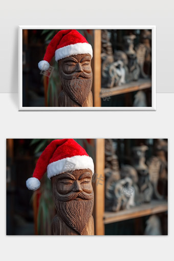 木雕圣诞老人头像戴红色圣诞帽节日氛围浓厚