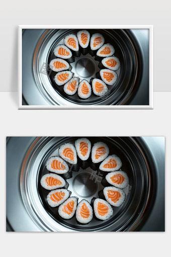 美味三文鱼寿司卷圆形排列食欲诱人