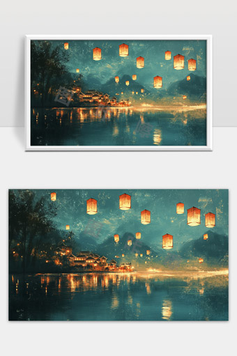 古镇夜晚水面灯笼映照千灯漂浮美景